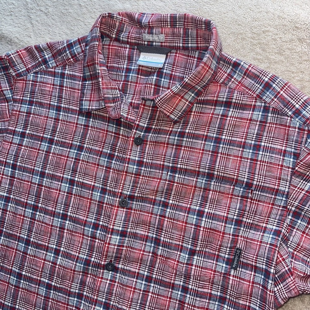 Columbia Mens Red Blue Plaid Short Sleeve Button Front Cotton Large Shirt